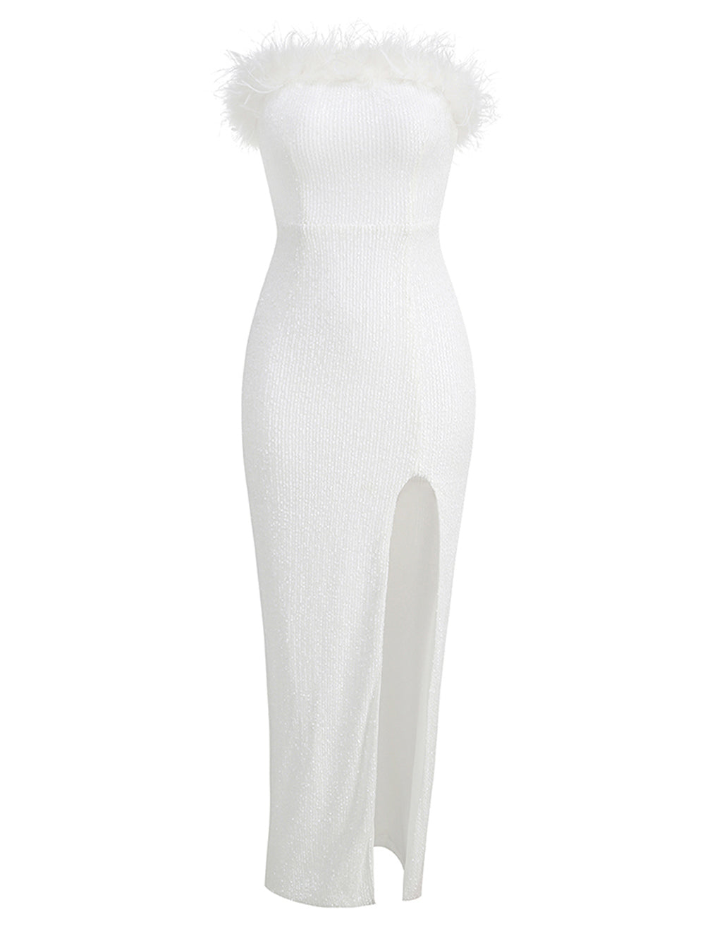 Strapless Feather Trim Sequin High Slit Maxi Gown