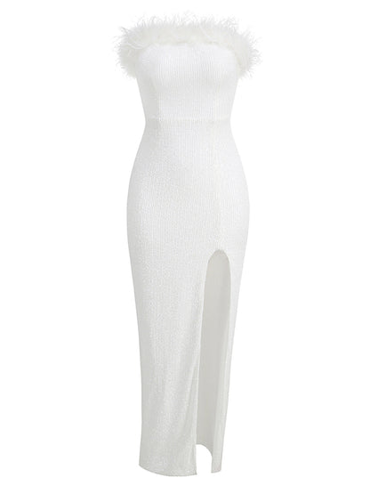 Strapless Feather Trim Sequin High Slit Maxi Gown