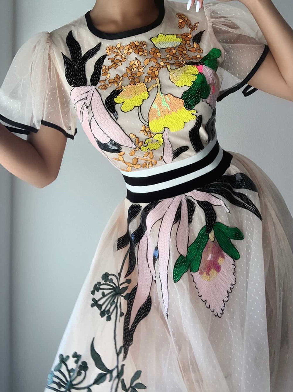 Round Neck Flutter Sleeve Stripe Waistband Floral Tulle Midi Dress