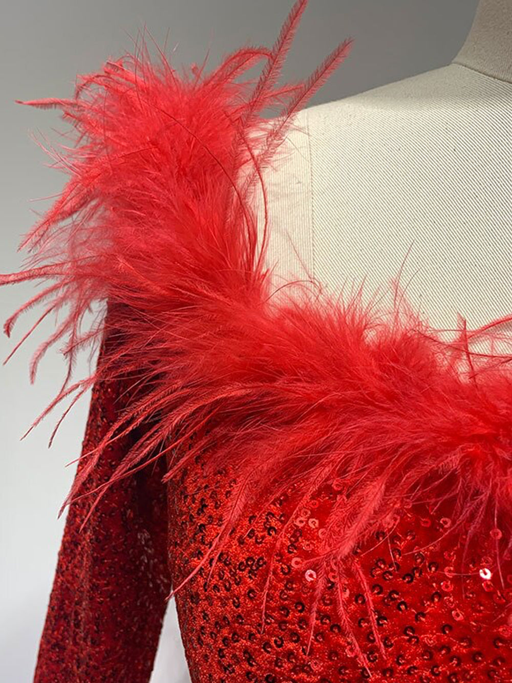 Off Shoulder Feather Trim Long Sleeve Sequin Bodycon Mini Dress