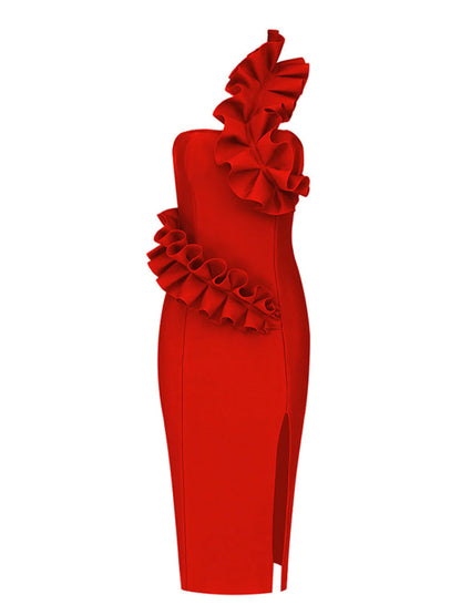 One Shoulder Cascading Ruffle Waist Detail High Slit Bodycon Midi Dress
