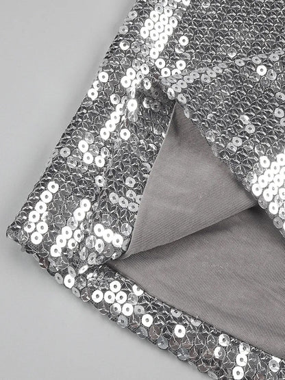 Cross Halter O-Ring Keyhole Midriff Cutout Wrap Hem Sequin Mini Dress