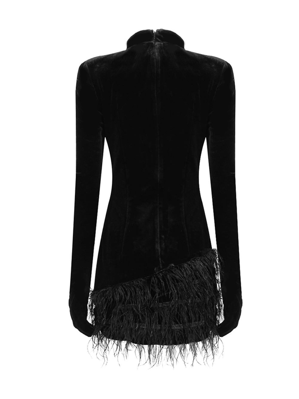 Mock Neck Integrated Glove Sleeve Rhinestone Swirl Feather Hem Mini Dress