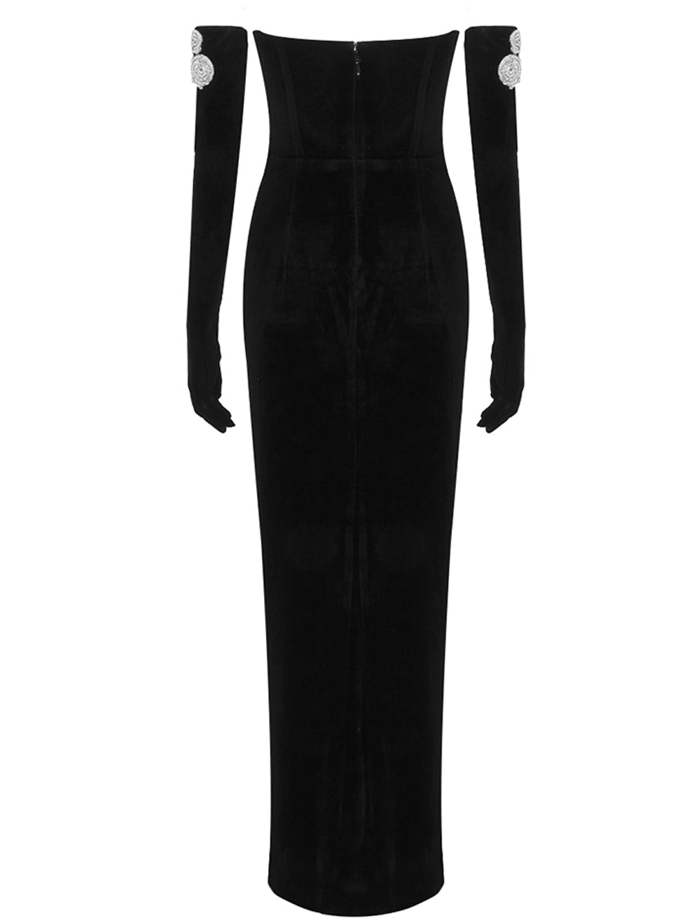Strapless Spiral Sequin Bust Velvet Corset Ruched Maxi Dress with Opera Gloves