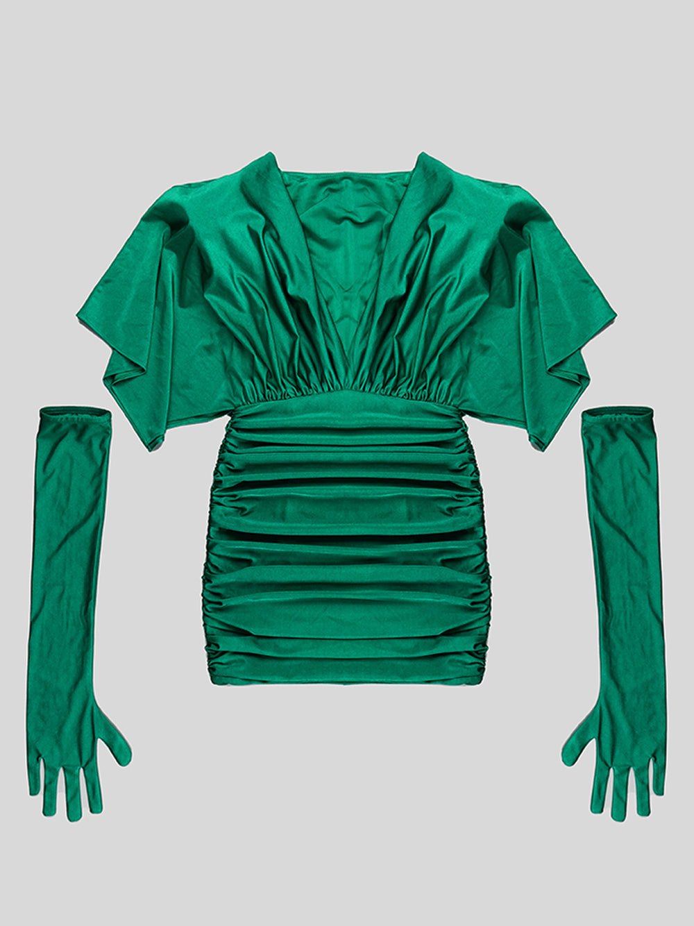 Plunging V Neck Ruched Cape Sleeve Glove Opera Mini Dress