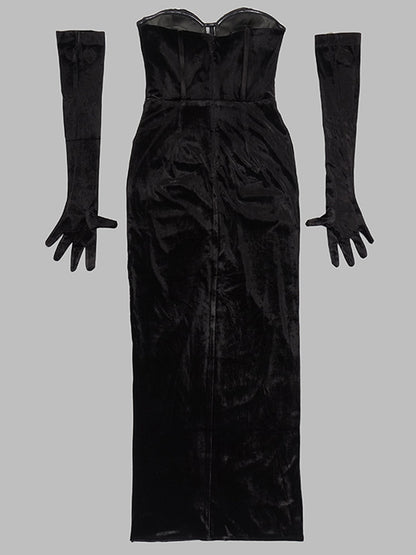 Strapless Spiral Sequin Bust Velvet Corset Ruched Maxi Dress with Opera Gloves