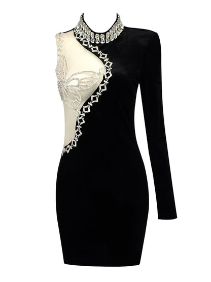 One Sleeve Rhinestone Butterfly Mesh Panel Velvet Bodycon Mini Dress