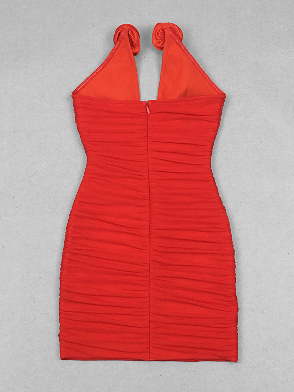 Halter Rosette Applique Deep Plunge Ruched Mesh Bodycon Mini Dress