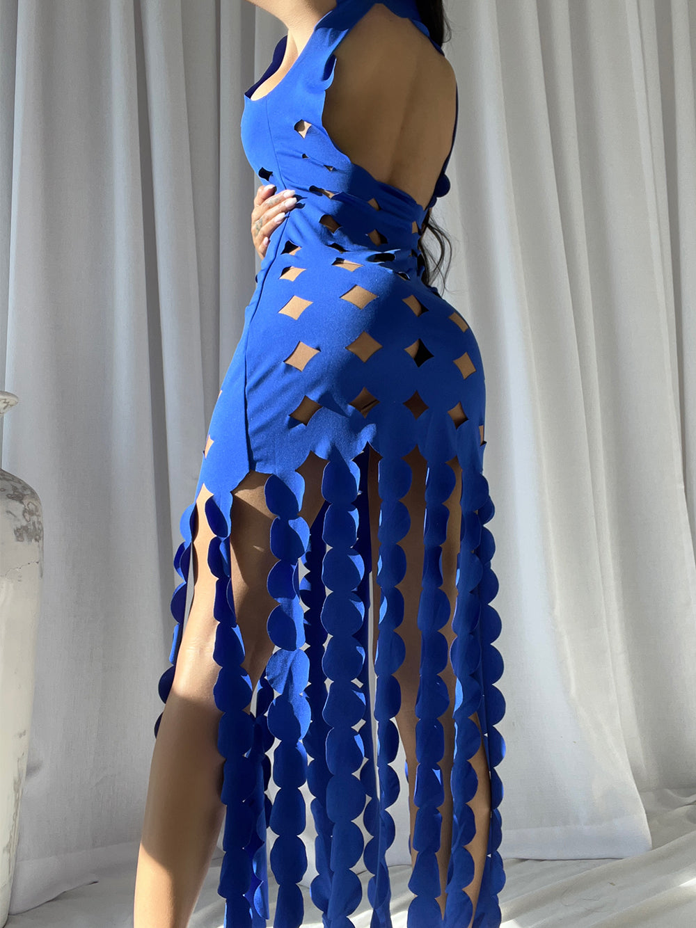 Blue Strapless Applique Fringe Tiered Maxi Dress