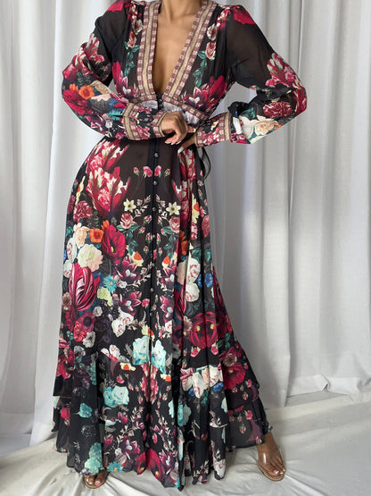 Deep V Neck Empire Waist Border Trim Button Tiered Floral Maxi Dress