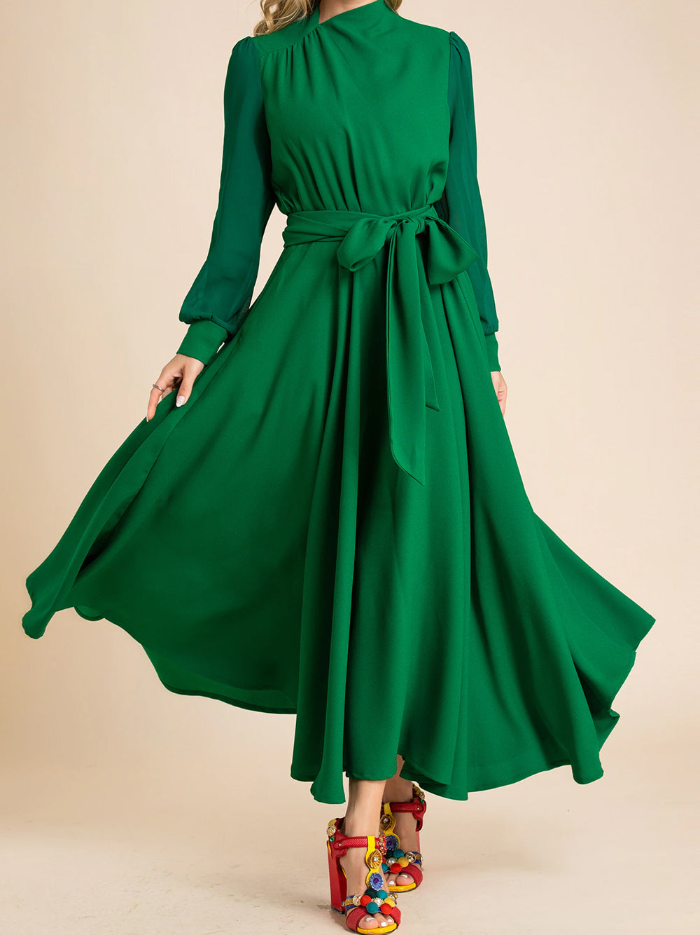 Mock Neck Draped Shoulder Bishop Sleeve Tie Waist Maxi Dress