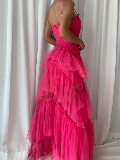 Spaghetti Strap Corset Sweetheart Ruffle Trim Tiered Tulle Maxi Dress