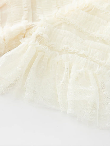 Crew Neck Horizontal Band Ruffled Point D Esprit Tiered Maxi Gown