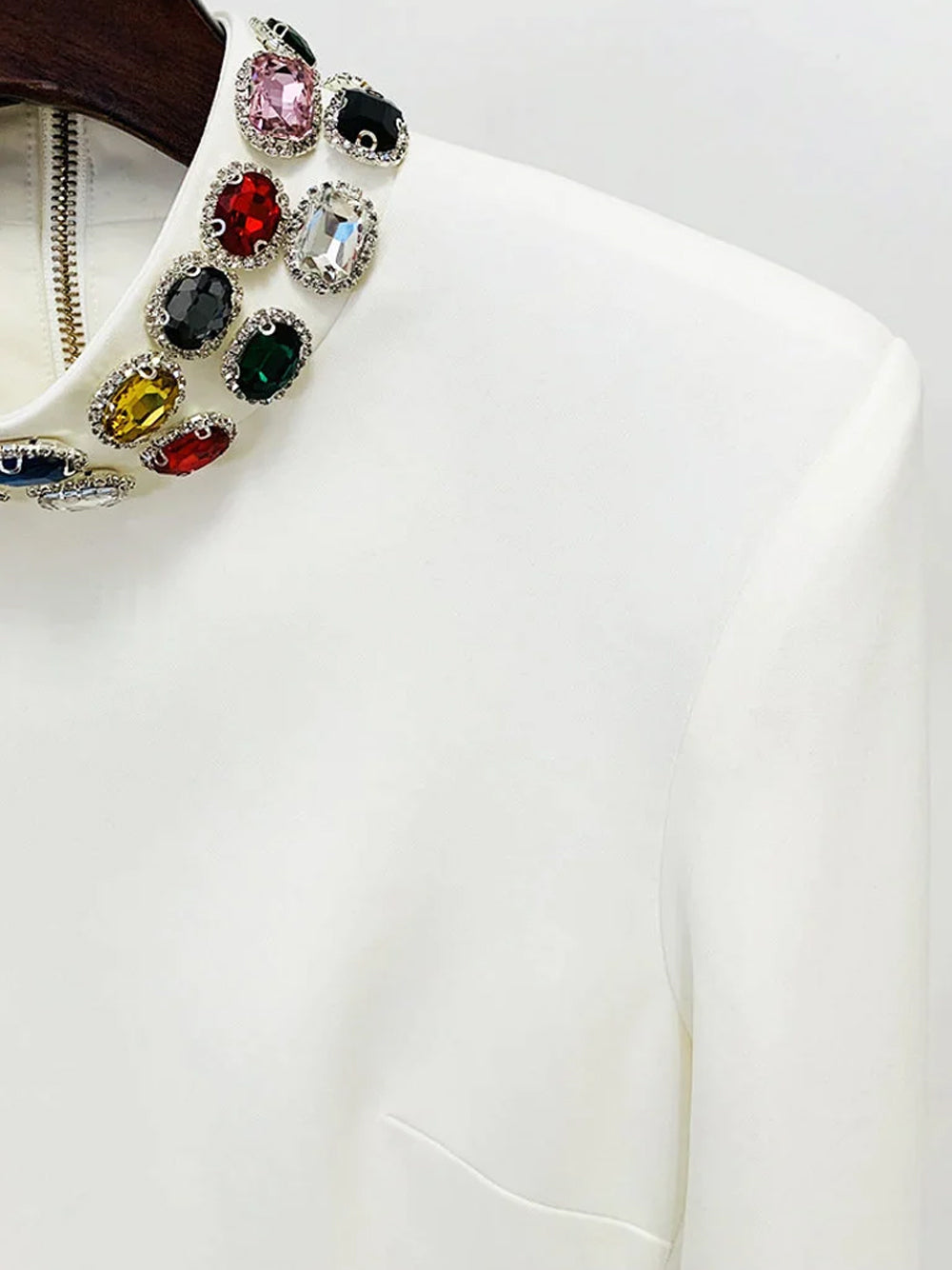 Mock Neck Multi Gem Embellished Patch Pocket Shift Mini Dress
