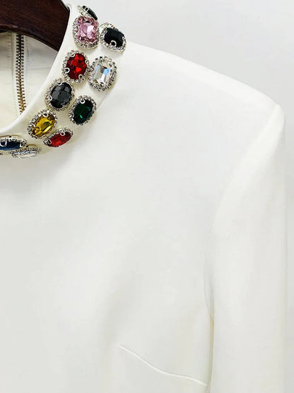 Mock Neck Multi Gem Embellished Patch Pocket Shift Mini Dress