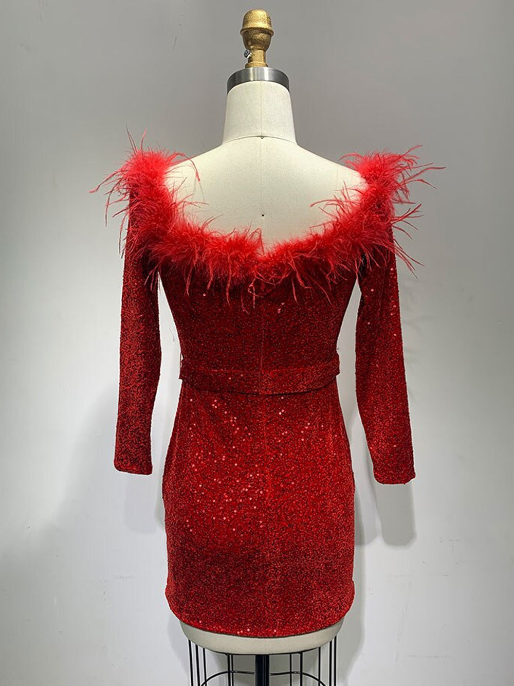 Off Shoulder Feather Trim Long Sleeve Sequin Bodycon Mini Dress