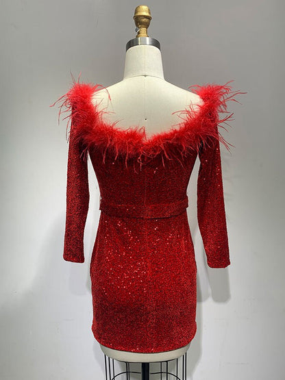 Off Shoulder Feather Trim Long Sleeve Sequin Bodycon Mini Dress