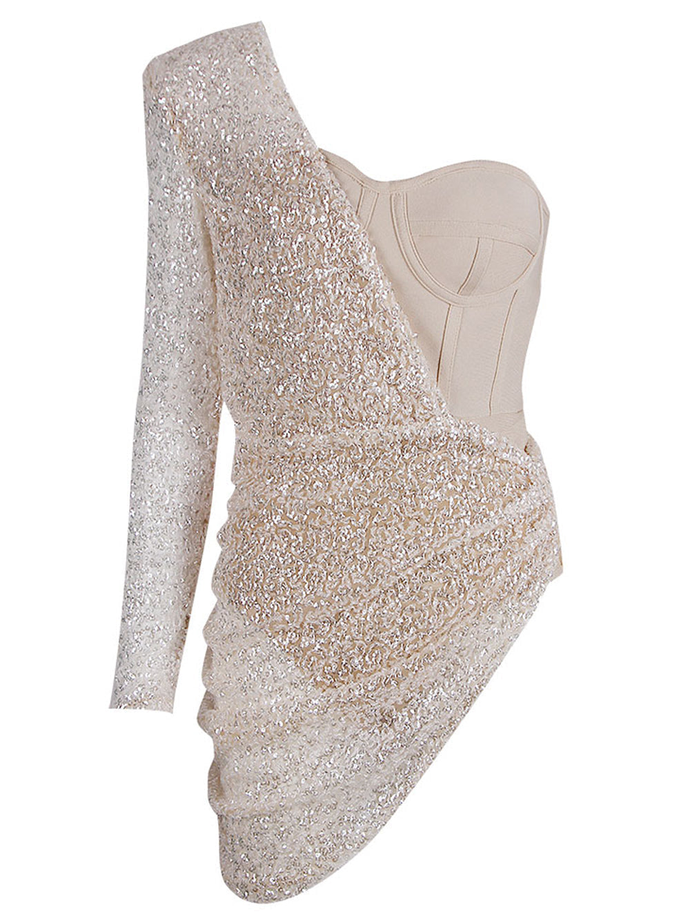 One Shoulder Single Sleeve Sequin Draped Bustier Mini Dress