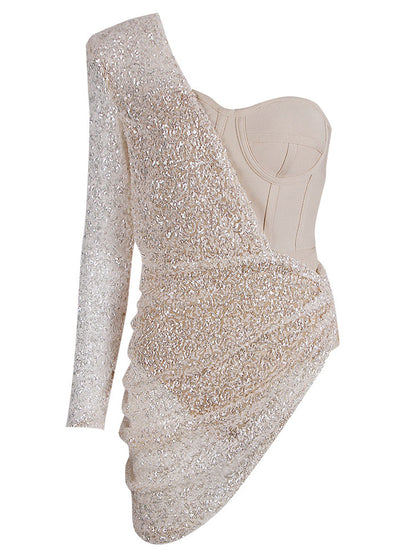 One Shoulder Single Sleeve Sequin Draped Bustier Mini Dress