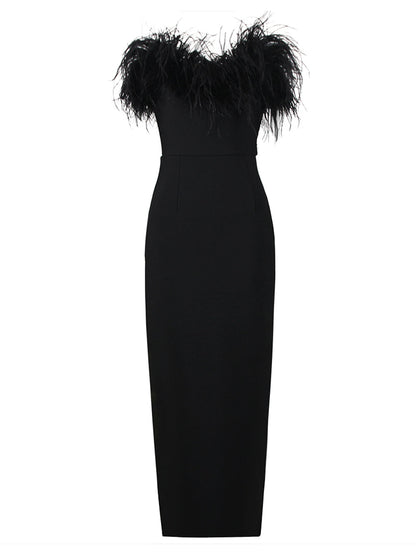 Strapless Feather Trim Tiered Maxi Dress