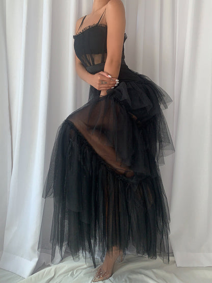 Strapless Tiered Tulle Maxi Dress