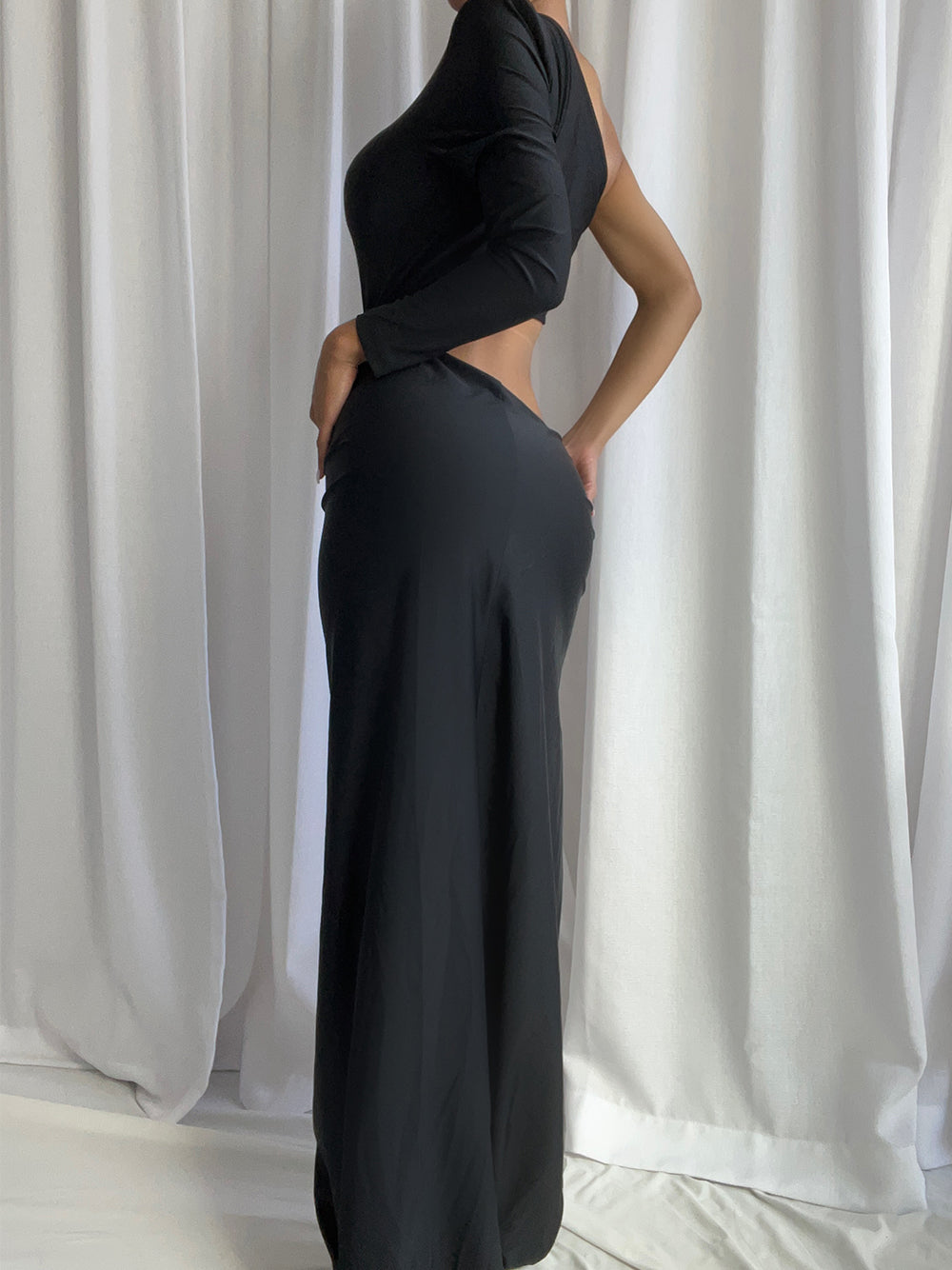 One Shoulder Long Sleeve Asymmetric Crop Wrap Thigh Slit Set