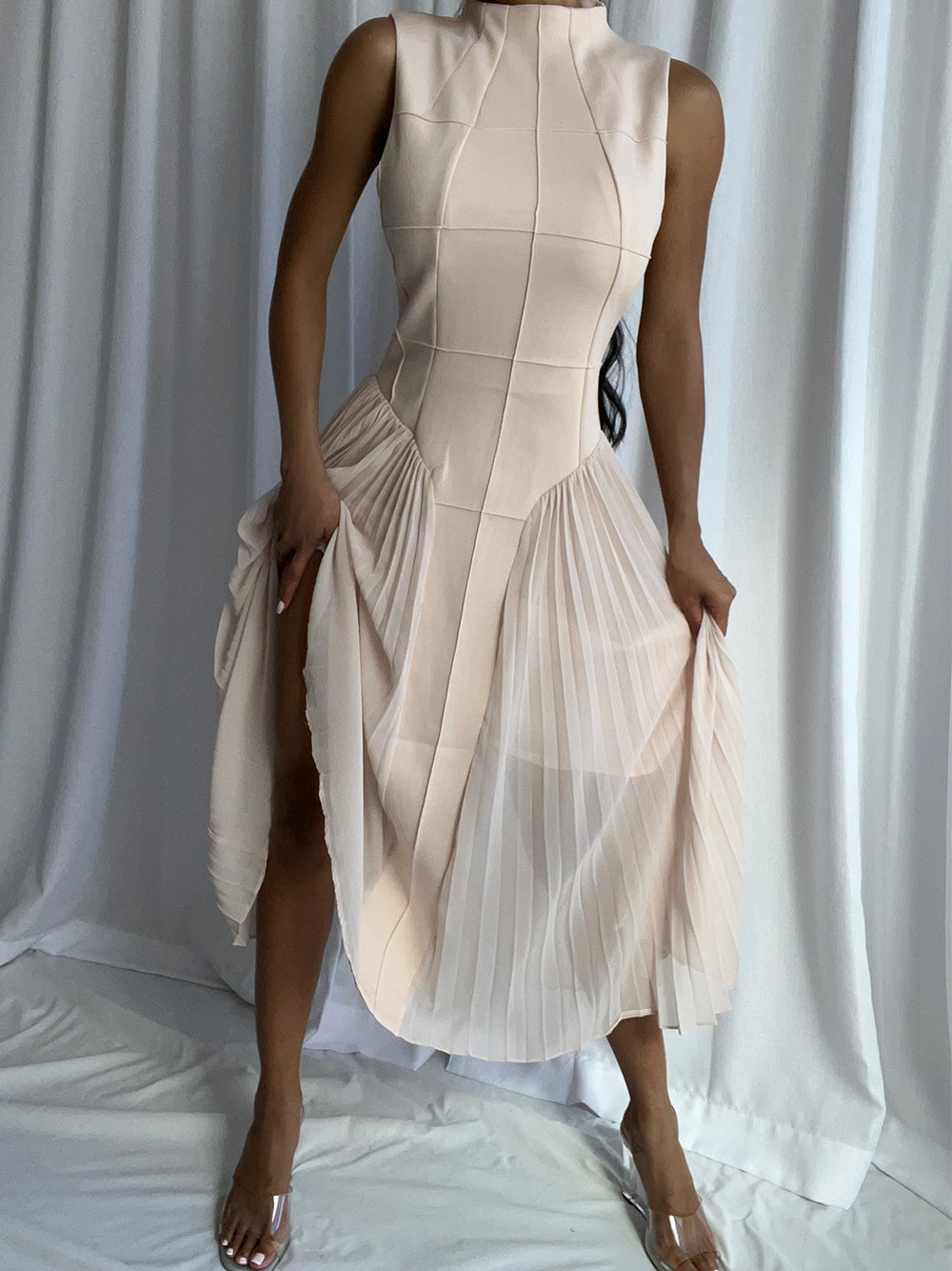 Mock Neck Grid Seam Bodice Dropped Point Waist Accordion Pleat Midi Dress