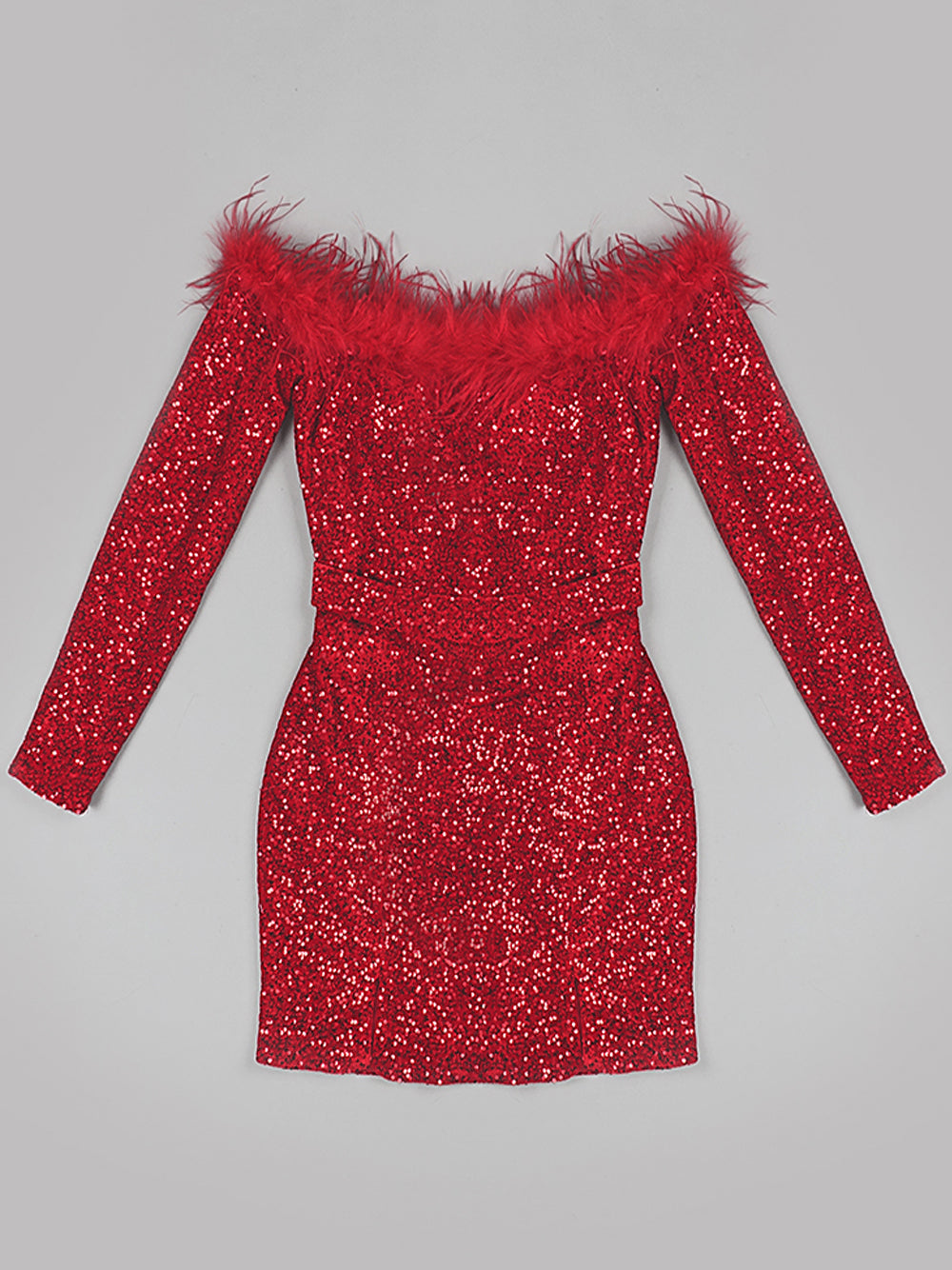 Off Shoulder Feather Trim Long Sleeve Sequin Bodycon Mini Dress