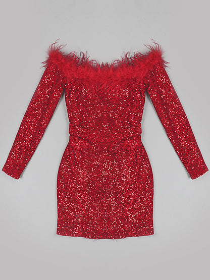Off Shoulder Feather Trim Long Sleeve Sequin Bodycon Mini Dress
