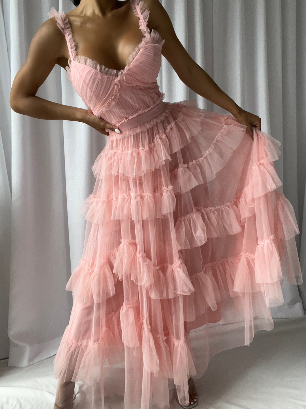 Ruffle Strap Tiered Tulle Maxi Gown