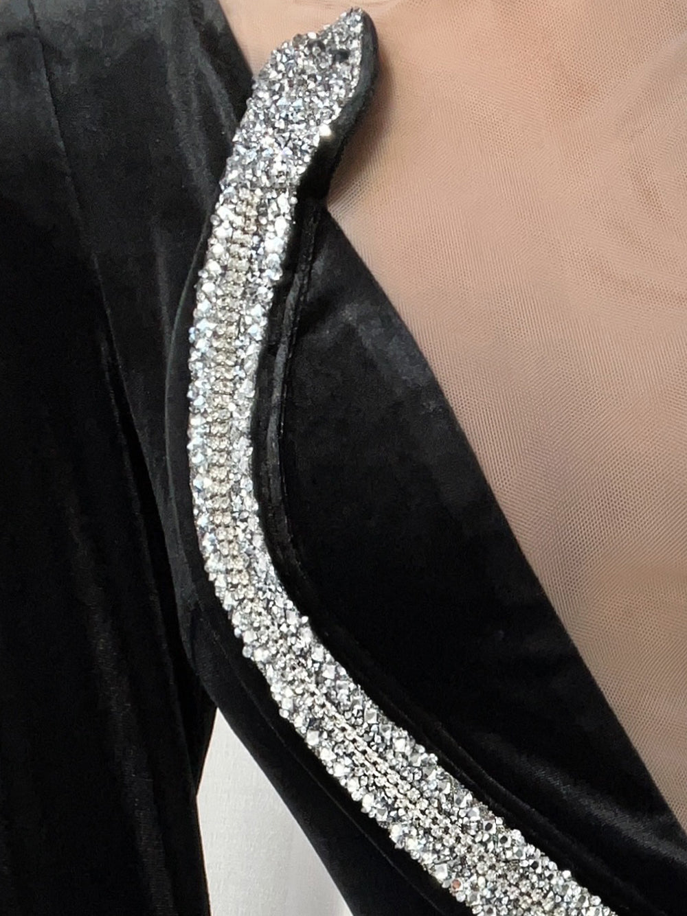 Velvet Long Sleeve Mesh Panel Rhinestone Snake Bodycon Mini Dress