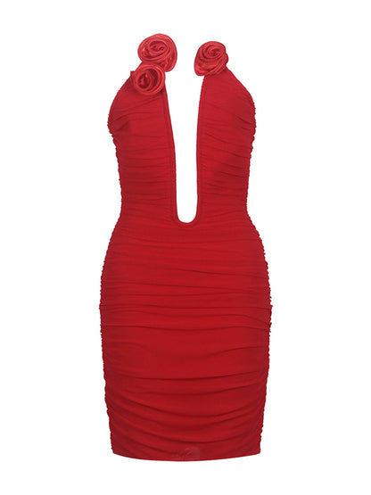 Halter Rosette Applique Deep Plunge Ruched Mesh Bodycon Mini Dress