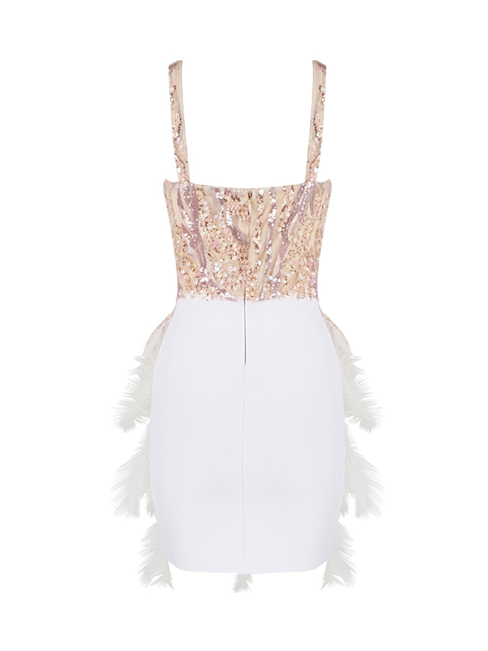 Deep V Neck Sequin Flame Bodice Feather Tier Mini Dress
