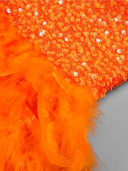 Sweetheart Cross Strap Sequin Bodice Feather Skirt Mini Dress