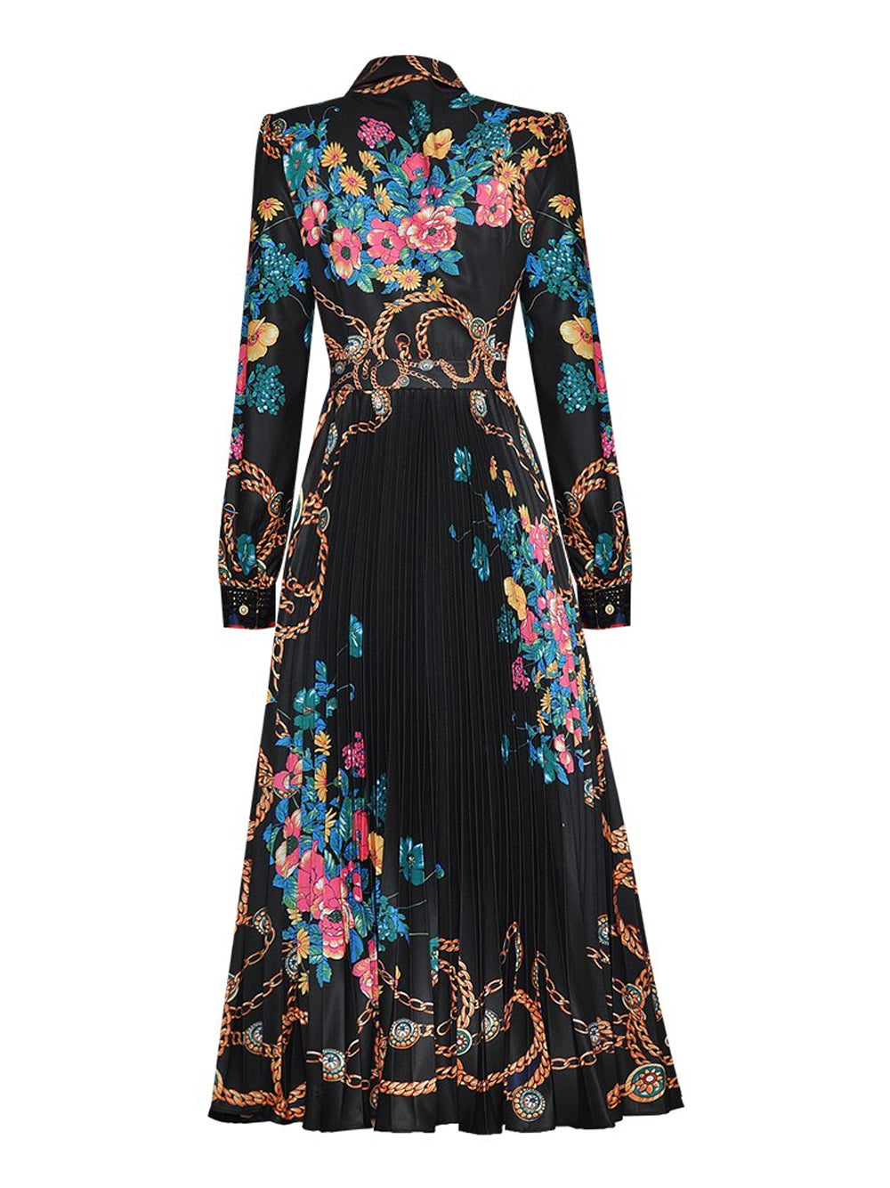 Tie Neck Lace Trim Bishop Sleeve Accordion Pleat Chain Floral Midi Dress