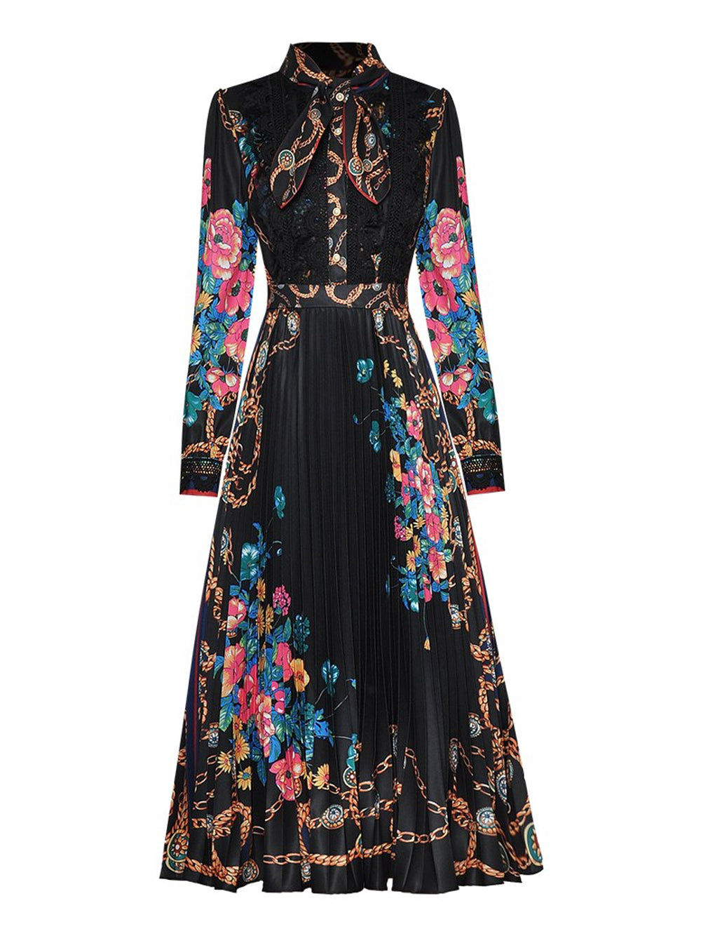 Tie Neck Lace Trim Bishop Sleeve Accordion Pleat Chain Floral Midi Dress