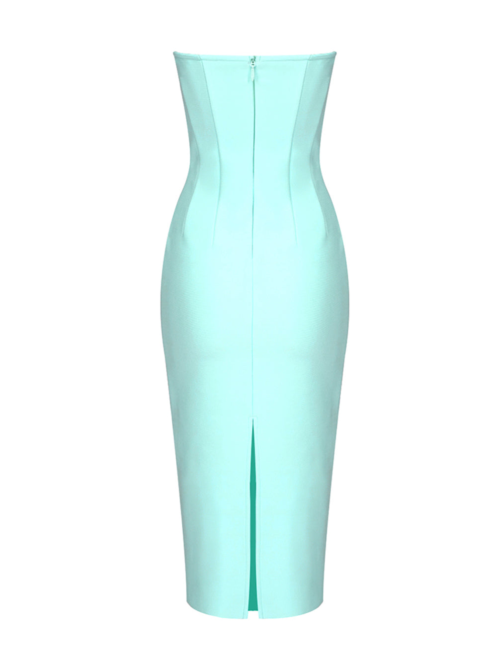 Strapless Spiral Rhinestone Cup Plunging U Neck Bandage Midi Dress