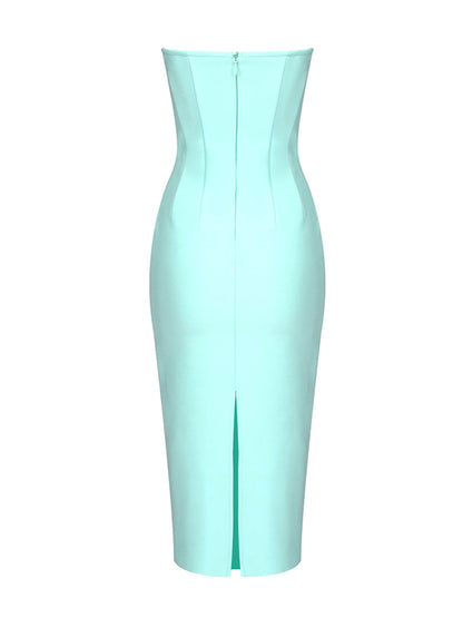 Strapless Spiral Rhinestone Cup Plunging U Neck Bandage Midi Dress