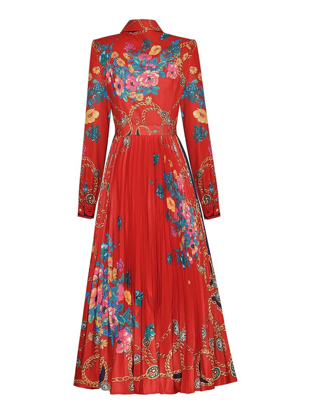 Tie Neck Lace Trim Bishop Sleeve Accordion Pleat Chain Floral Midi Dress