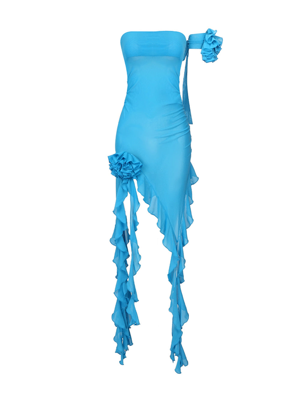 Strapless Rosette Choker Ruched Mesh Asymmetrical Ruffle Hem Mini Dress