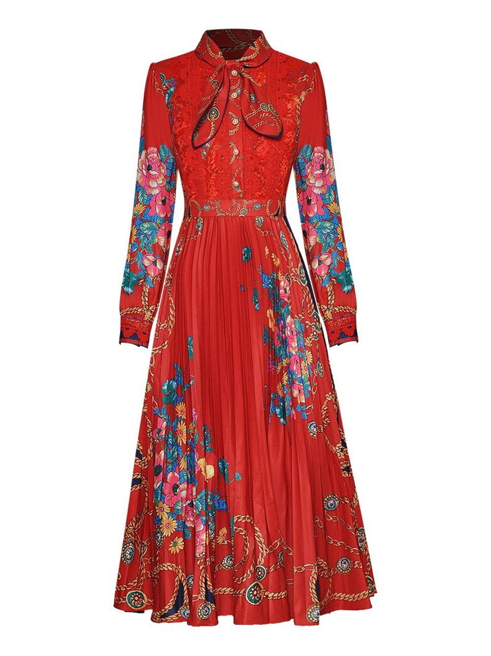 Tie Neck Lace Trim Bishop Sleeve Accordion Pleat Chain Floral Midi Dress