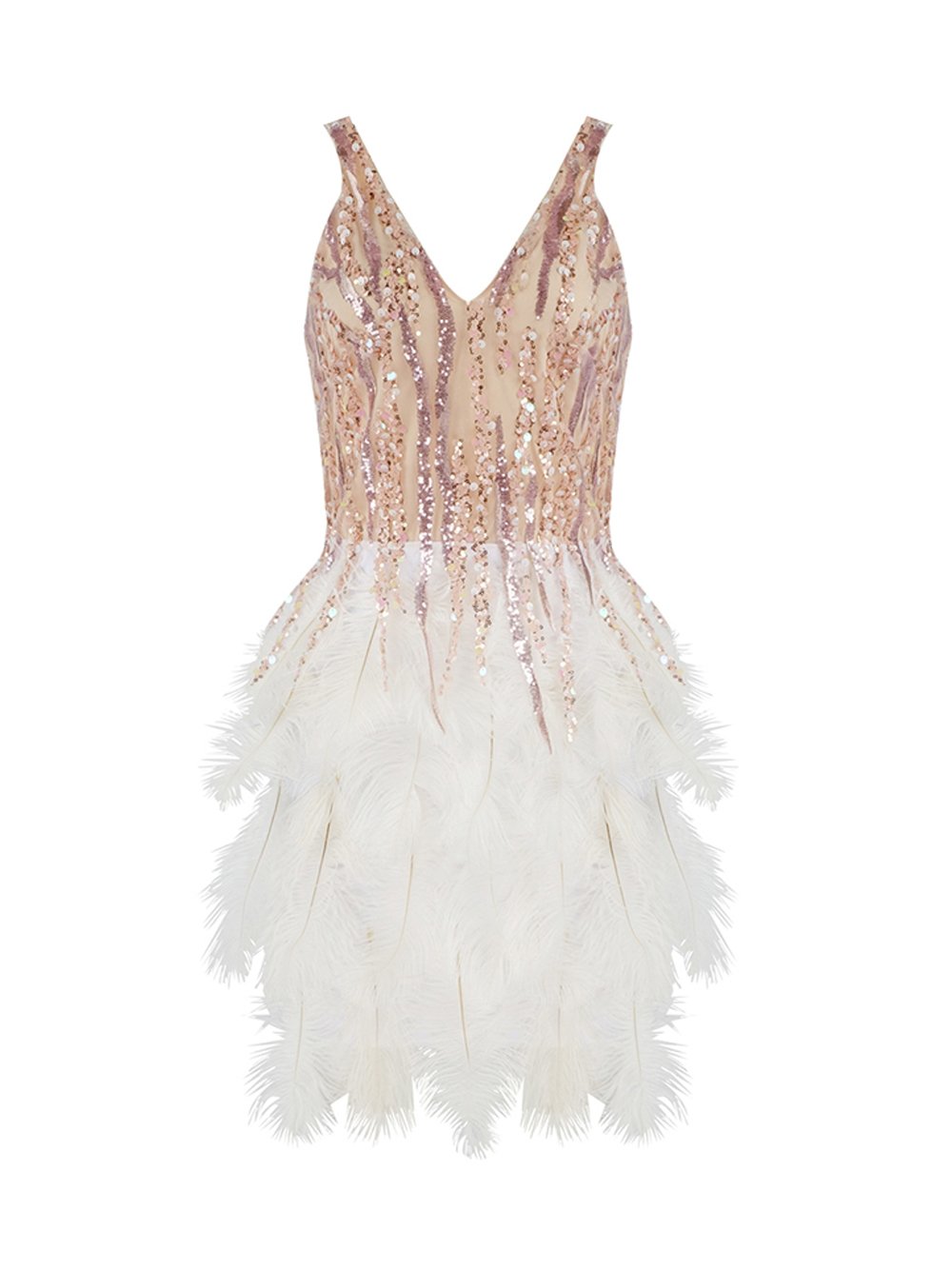 Deep V Neck Sequin Flame Bodice Feather Tier Mini Dress