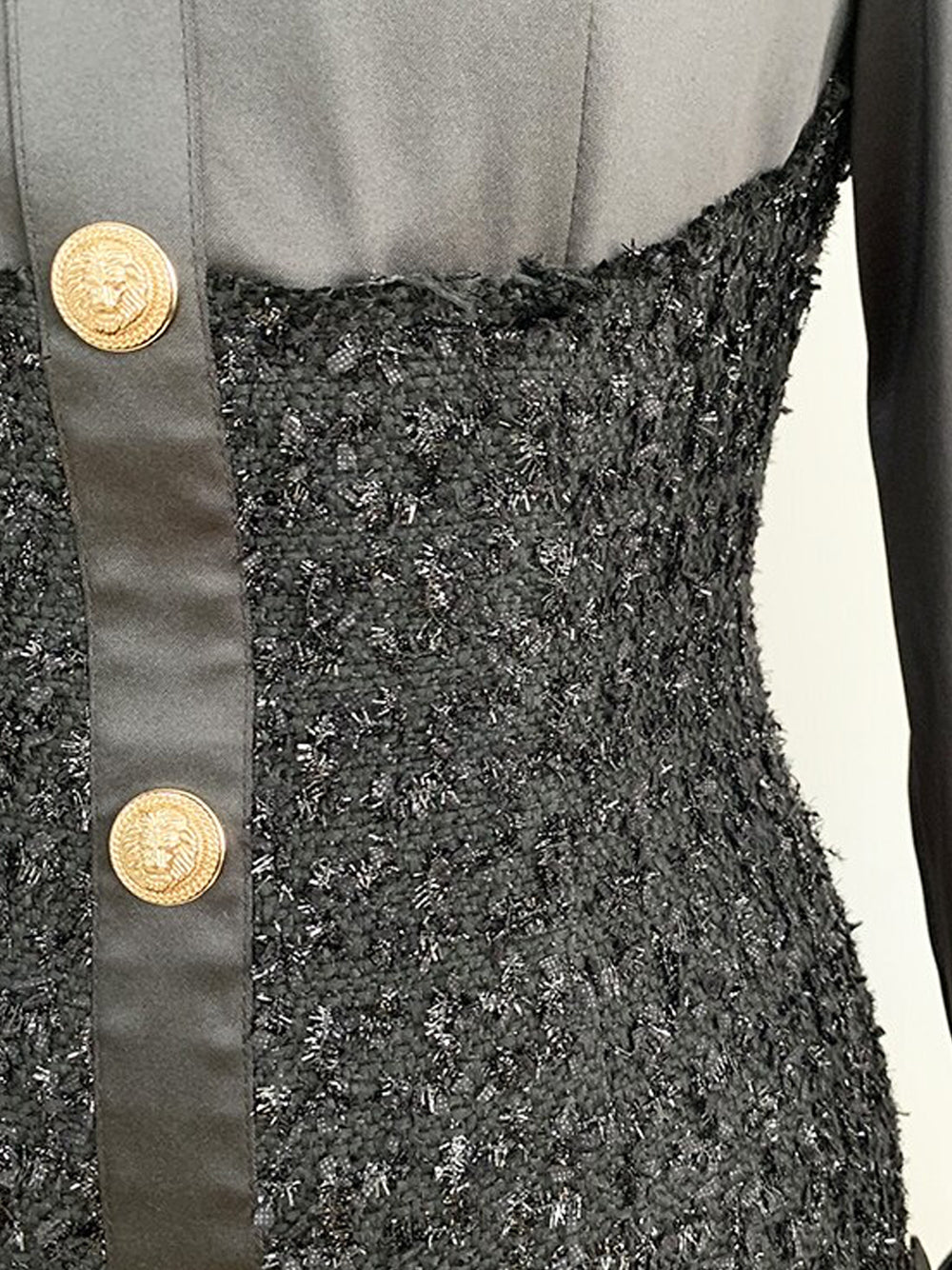 Pointed Collar Tweed Panel Satin Button Front Bodycon Mini Dress
