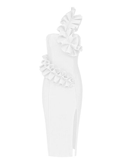 One Shoulder Ruffle Trim Waist Detail High Slit Bandage Midi Dress