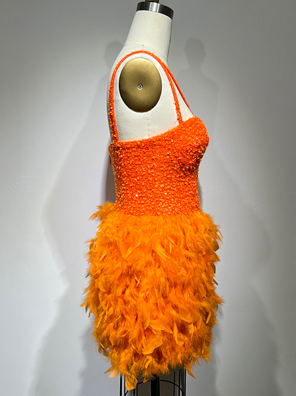 Sweetheart Cross Strap Sequin Bodice Feather Skirt Mini Dress