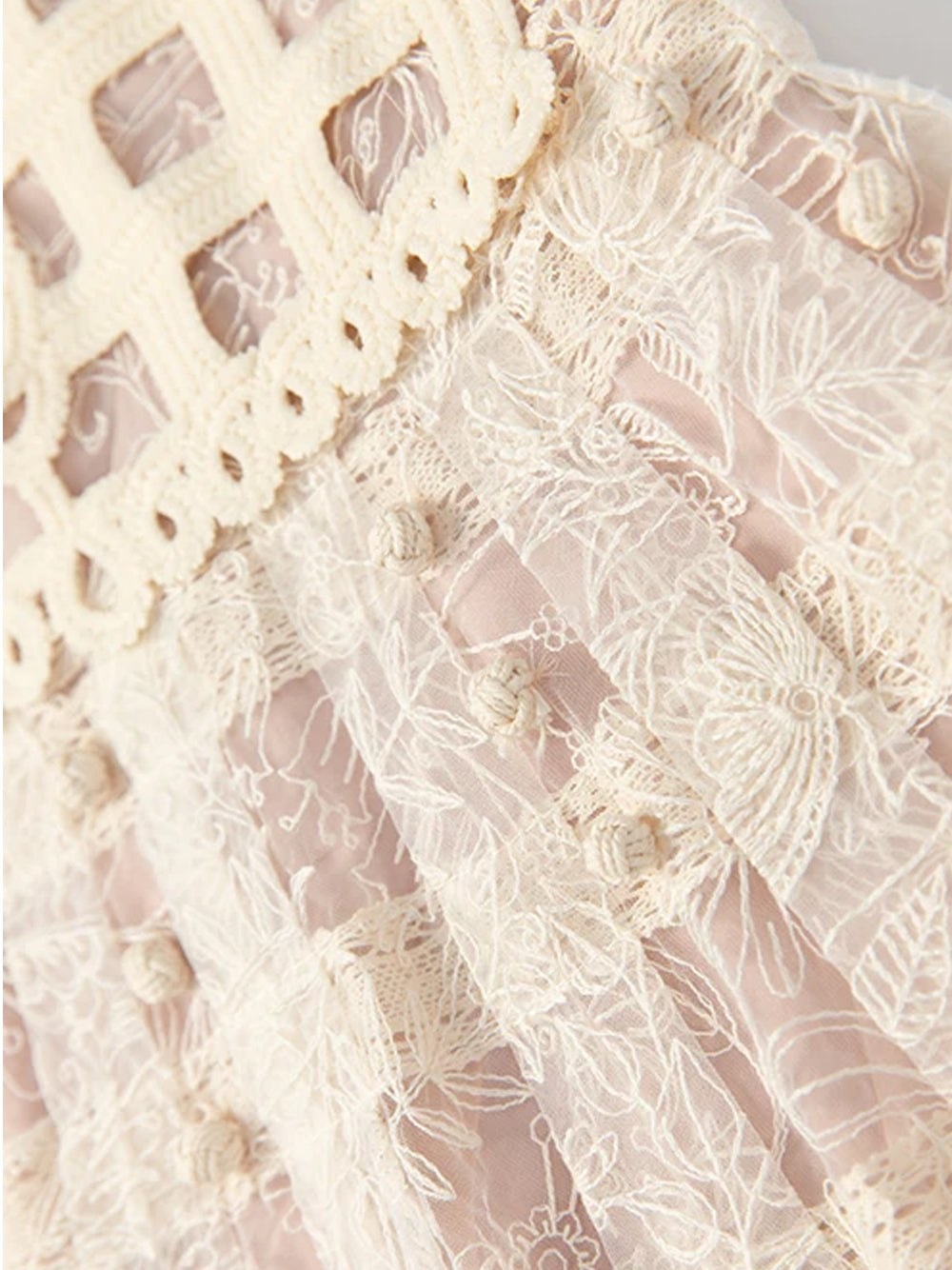 Crew Neck Puff Sleeve Floral Crochet Applique Lace Tiered Midi Dress