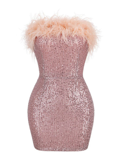 Strapless Feather Trim Sequin Bodycon Mini Dress