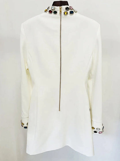 Mock Neck Multi Gem Embellished Patch Pocket Shift Mini Dress