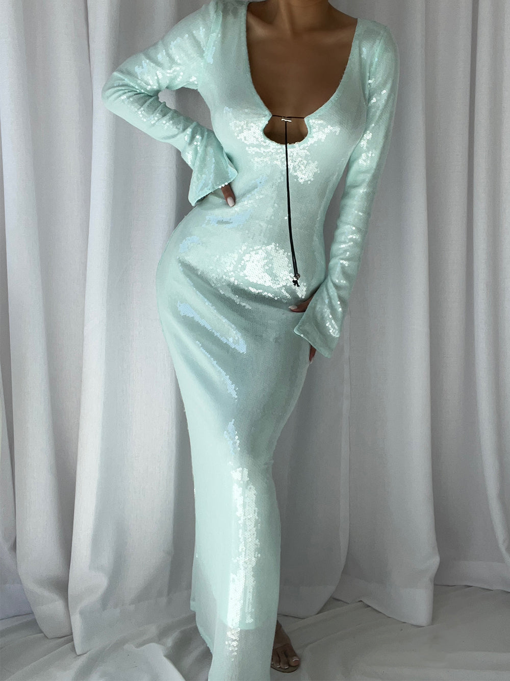 Plunging Scoop Neck Tie Front Sequin Long Sleeve Bodycon Maxi Dress