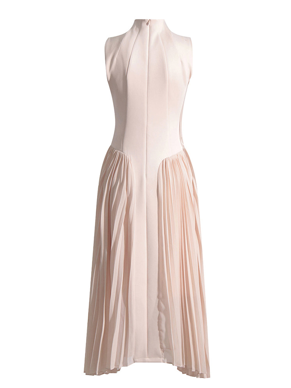 Mock Neck Grid Seam Bodice Dropped Point Waist Accordion Pleat Midi Dress